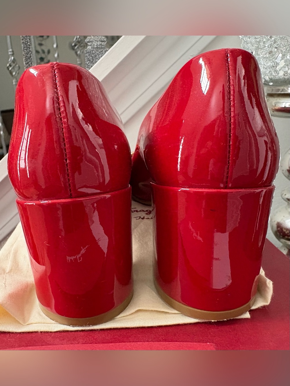 PRICE FIRM Salvatore Ferragamo Red Patent Leather Pumps w Gancini Gold Hardware - Picture 3 of 6